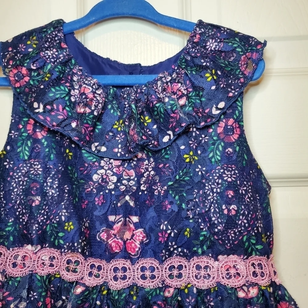 Laura Ashley London Girls 6x Floral Lace Overlay Fit & Flare Navy Pink Dress